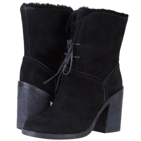 UGG Jerene black suede leather shearling lined lace-up heeled boots - Picture 1 of 10